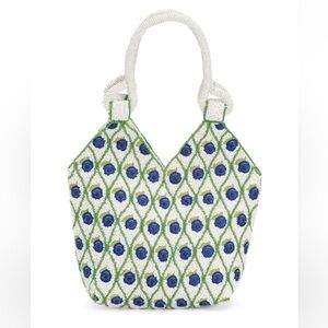 NWT Made in India Beaded White Tote with Blueberry Pattern